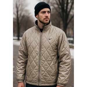 Nike Quilted Full-Zip Jacket Men's Medium Silver Beige Ripstop Nylon